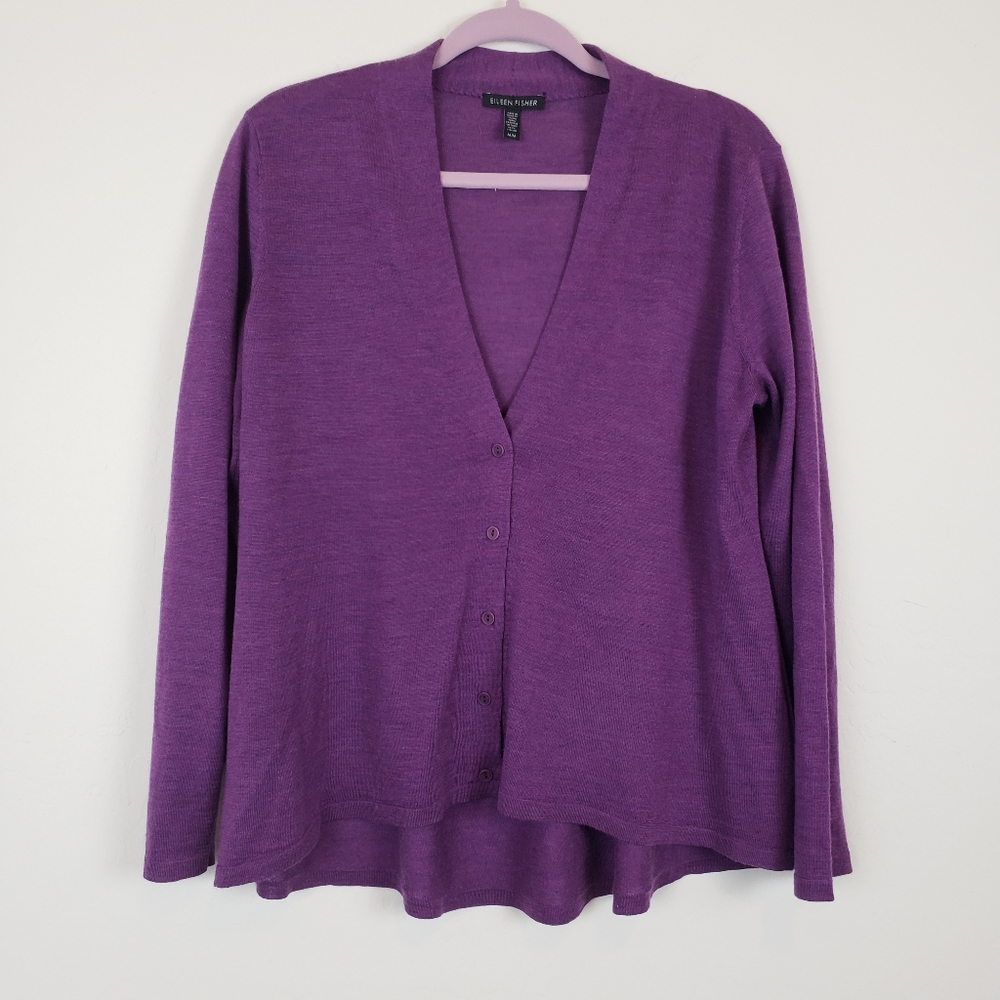 Eileen Fisher 100% Merino Wool purple cardigan